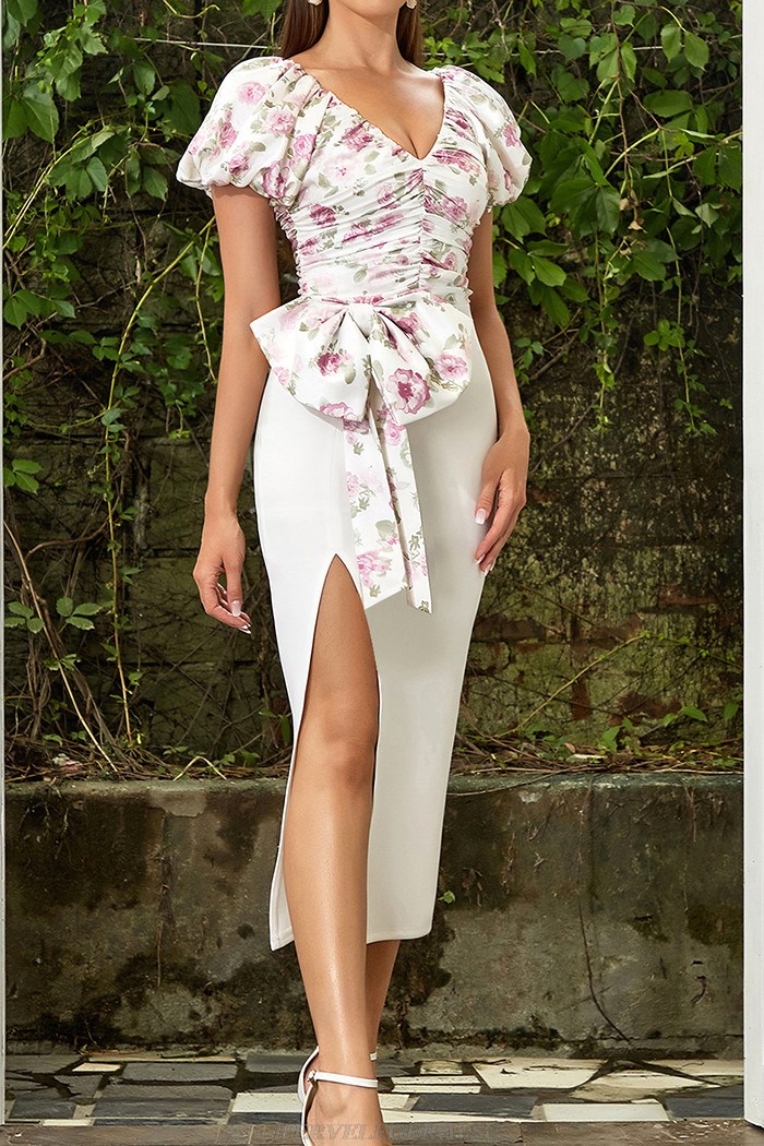 Herve Leger White Floral Short Sleeve Ruched Bow Midi Dress