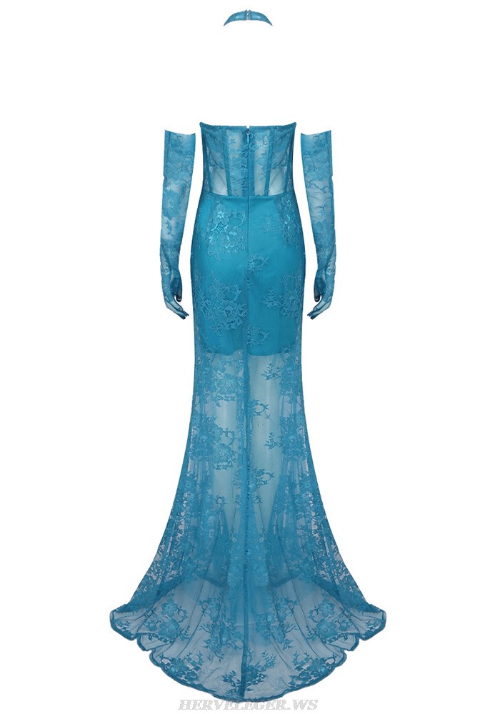 Herve Leger Blue Halter Bustier Lace Mermaid Gown