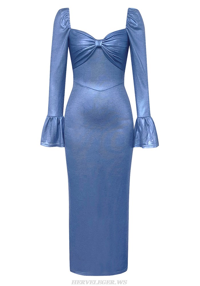 Herve Leger Blue Long Sleeve Bustier Midi Dress