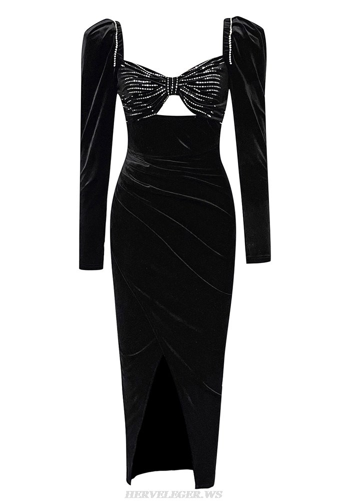 Herve Leger Black Long Sleeve Crystal Bustier Midi Dress