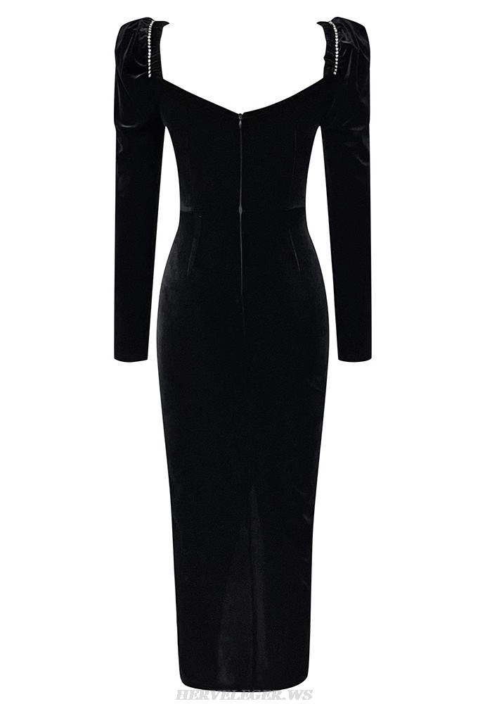 Herve Leger Black Long Sleeve Crystal Bustier Midi Dress