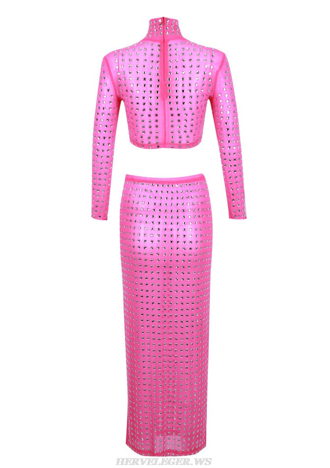 Herve Leger Hot Pink Long Sleeve Crystal Midi Two Piece Dress