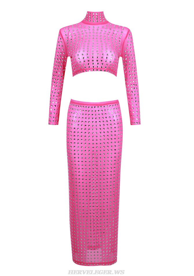 Herve Leger Hot Pink Long Sleeve Crystal Midi Two Piece Dress