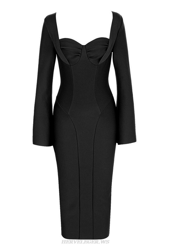 Herve Leger Black Long Sleeve Draped Bustier Midi Dress