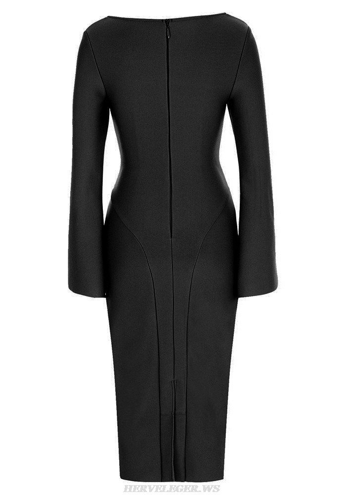 Herve Leger Black Long Sleeve Draped Bustier Midi Dress