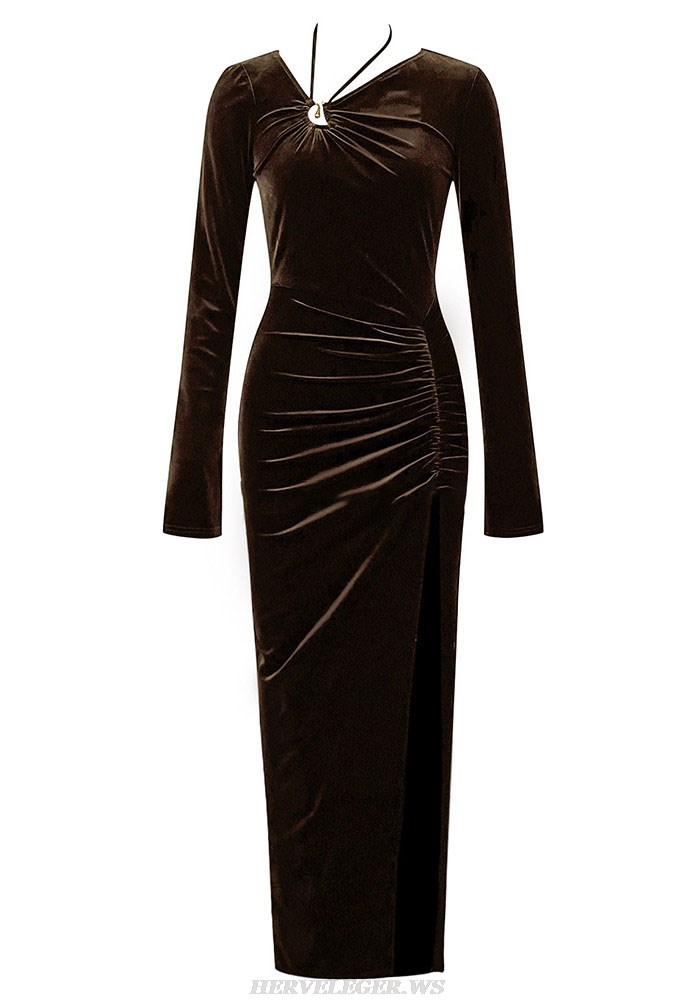 Herve Leger Brown Long Sleeve Draped Detail Velvet Gown