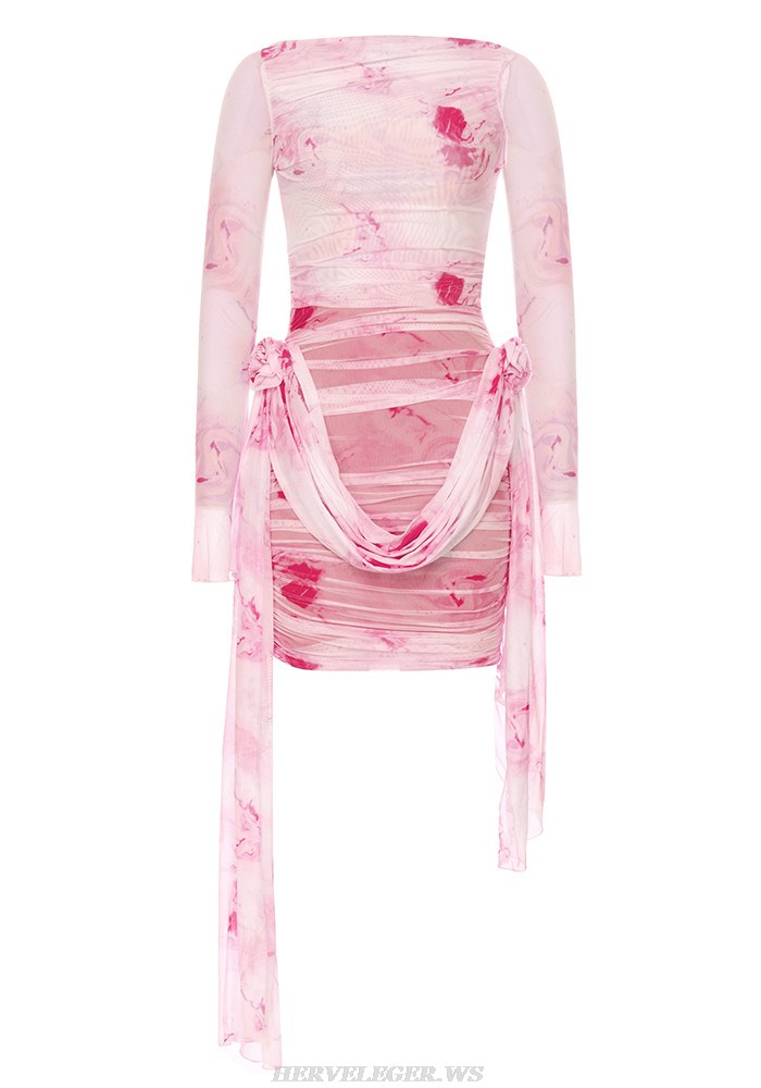 Herve Leger Pink Long Sleeve Draped Flower Dress