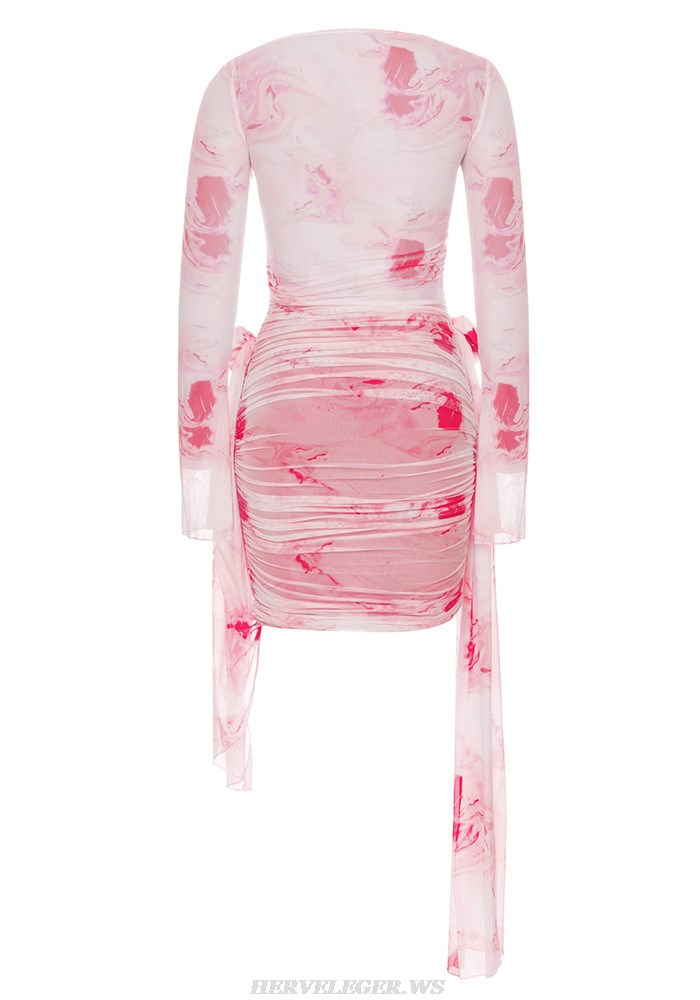 Herve Leger Pink Long Sleeve Draped Flower Dress