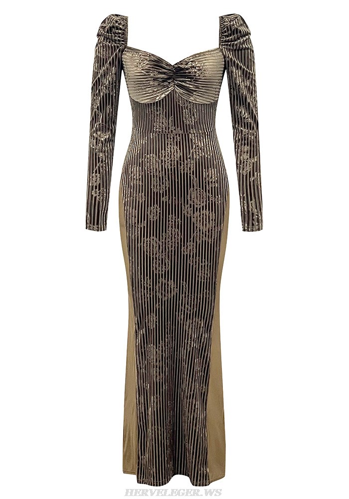 Herve Leger Brown Long Sleeve Floral Velvet Gown