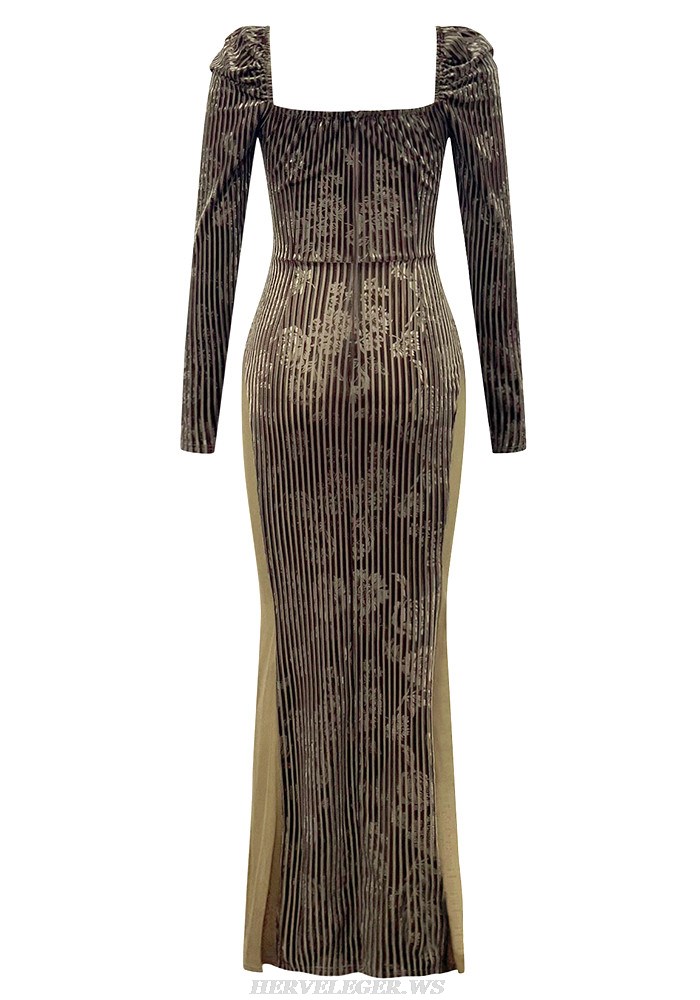 Herve Leger Brown Long Sleeve Floral Velvet Gown