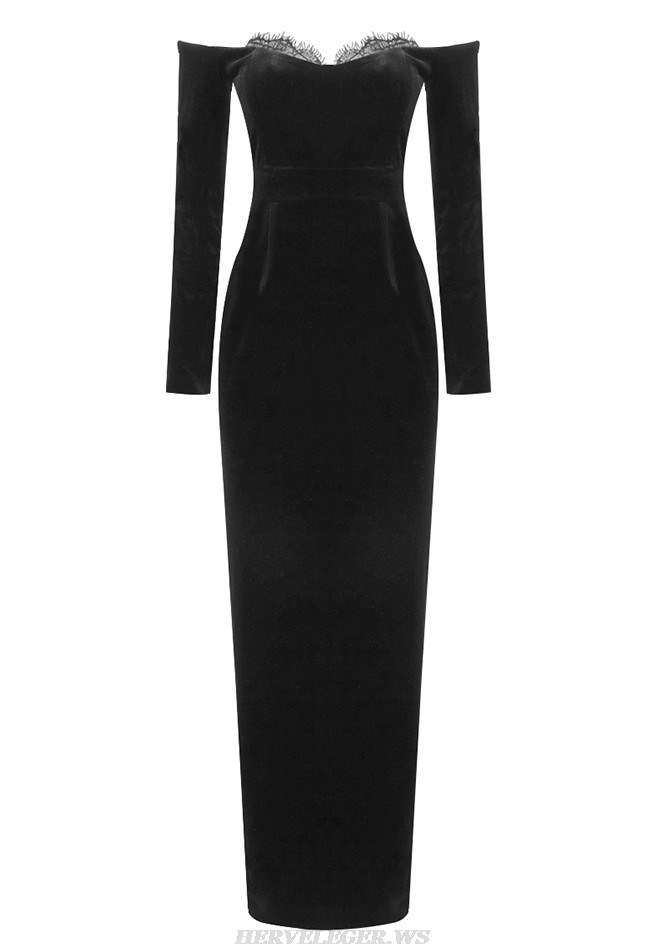 Herve Leger Black Long Sleeve Lace Style Velvet Gown