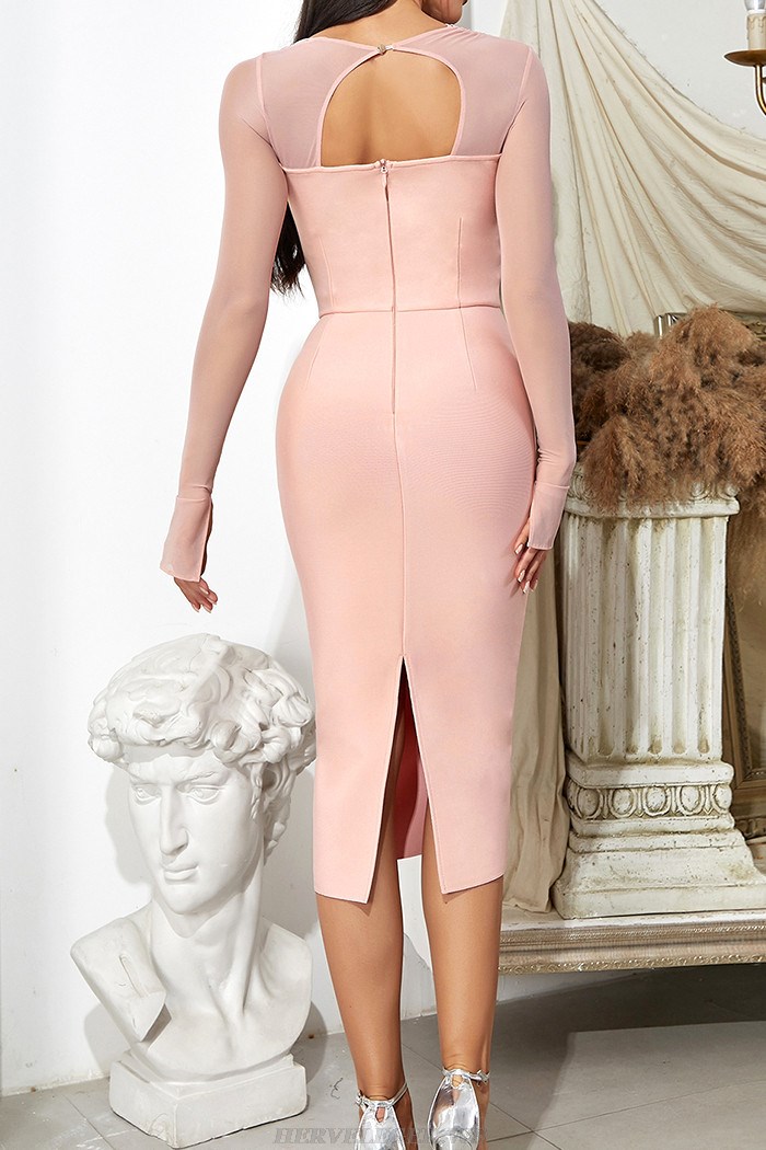 Herve Leger Pink Long Sleeve Mesh Style Midi Dress