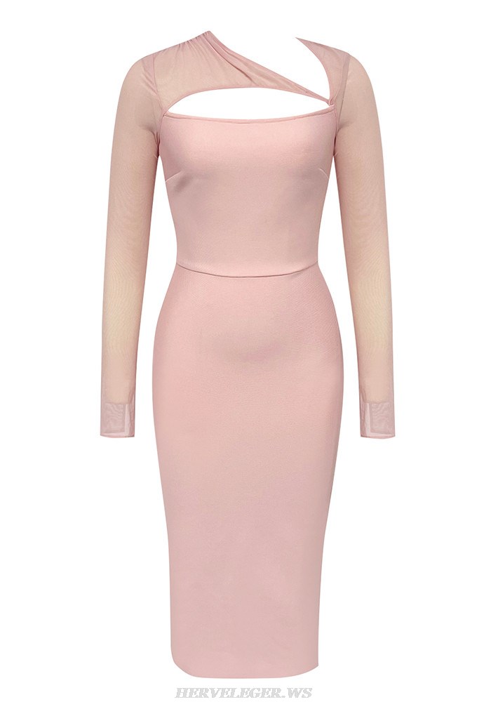 Herve Leger Pink Long Sleeve Mesh Style Midi Dress