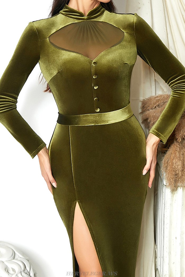 Herve Leger Green Long Sleeve Midi Velvet Dress