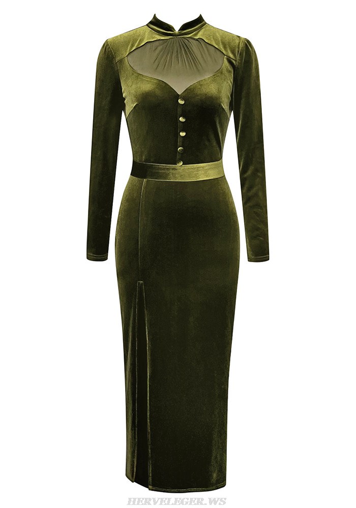 Herve Leger Green Long Sleeve Midi Velvet Dress