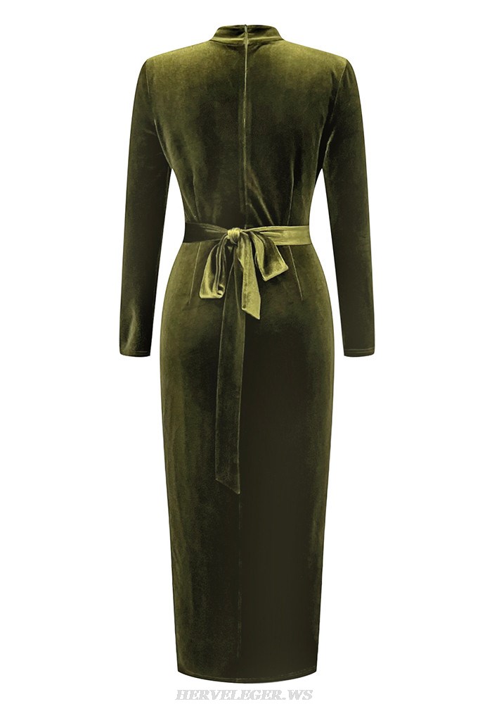 Herve Leger Green Long Sleeve Midi Velvet Dress