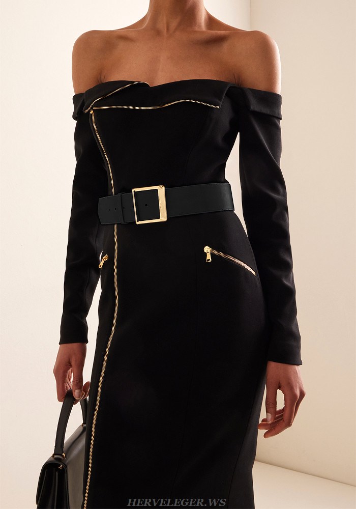 Herve Leger Black Long Sleeve Off Shoulder Belt Midi Dress