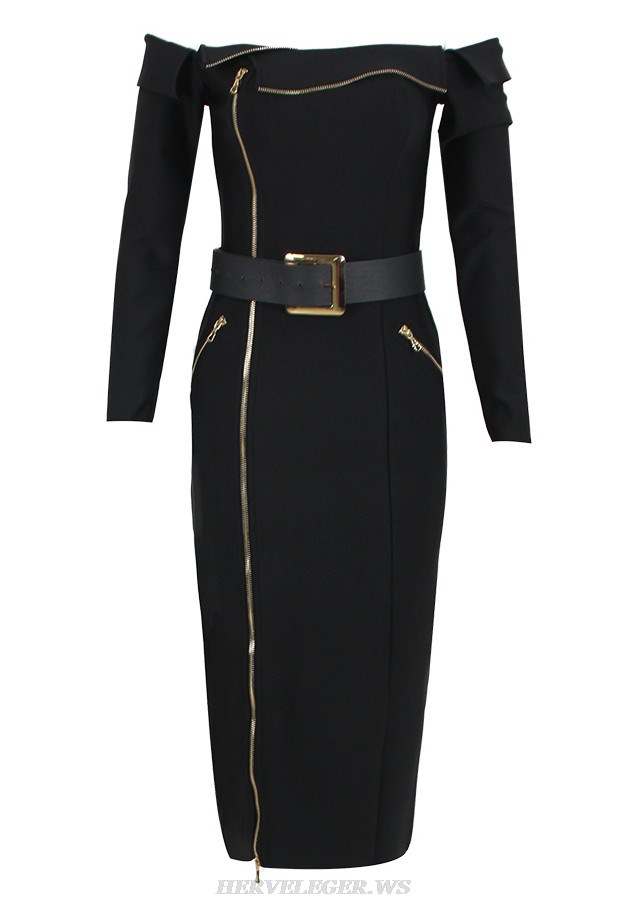 Herve Leger Black Long Sleeve Off Shoulder Belt Midi Dress