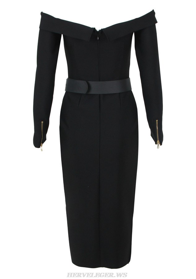 Herve Leger Black Long Sleeve Off Shoulder Belt Midi Dress