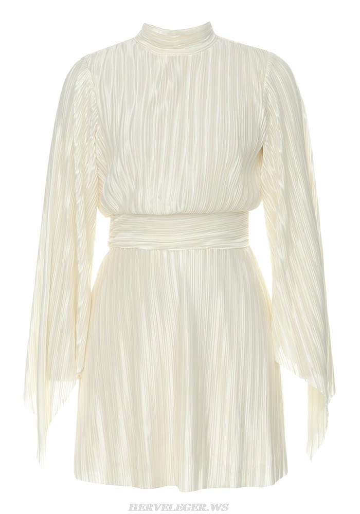 Herve Leger Ivory Long Sleeve Pleated Dress