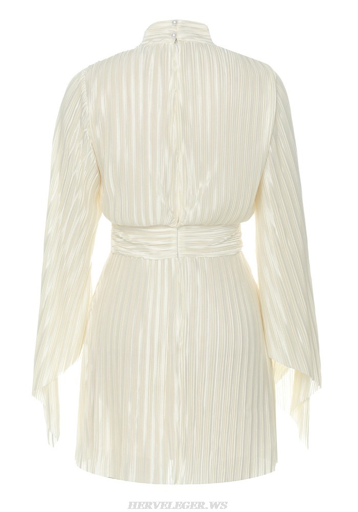 Herve Leger Ivory Long Sleeve Pleated Dress