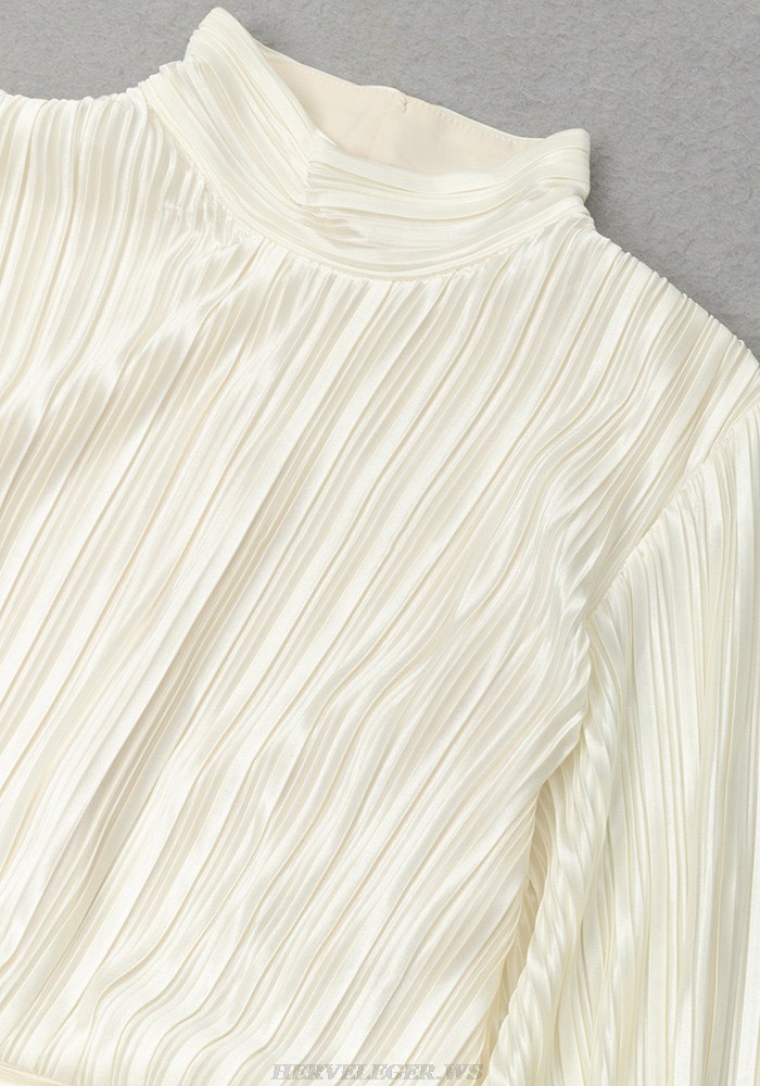 Herve Leger Ivory Long Sleeve Pleated Dress