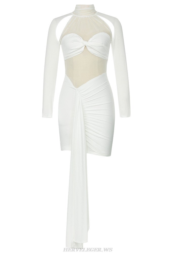 Herve Leger White Long Sleeve Ruched Dress