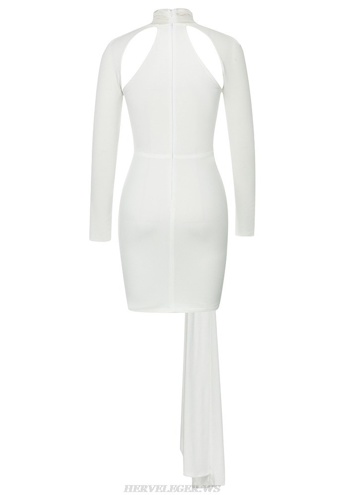 Herve Leger White Long Sleeve Ruched Dress