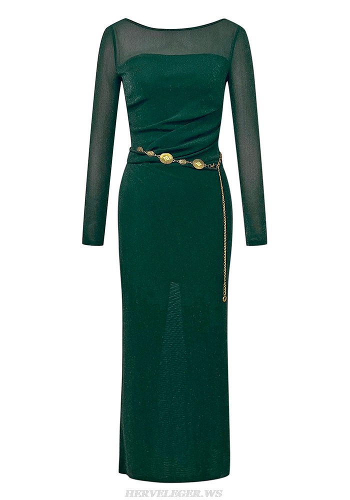 Herve Leger Green Long Sleeve Sparkly Midi Dress