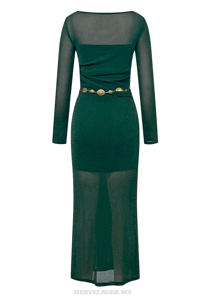 Herve Leger Green Long Sleeve Sparkly Midi Dress