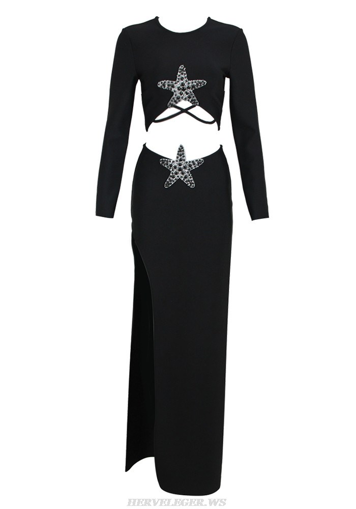 Herve Leger Black Long Sleeve Star Detail Two Piece Gown