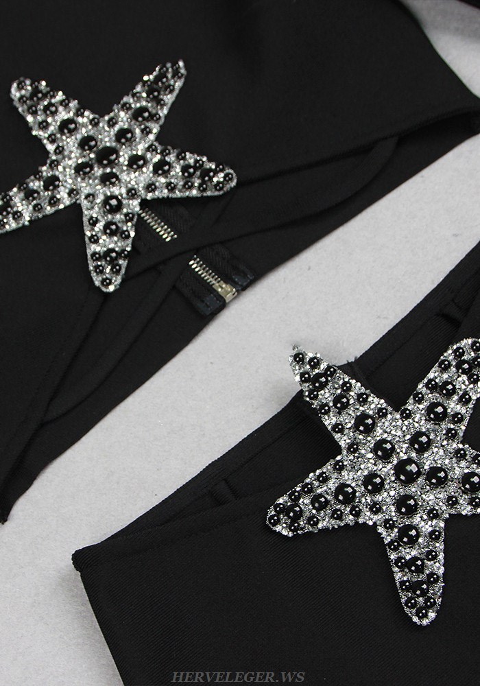 Herve Leger Black Long Sleeve Star Detail Two Piece Gown