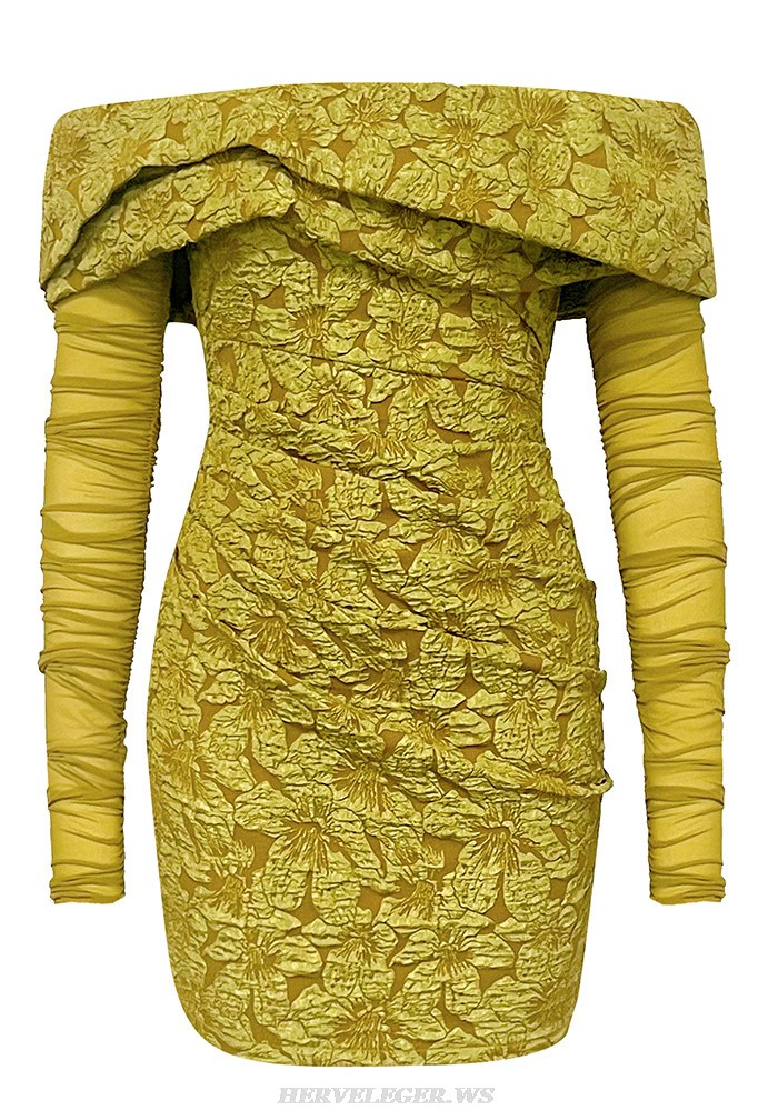 Herve Leger Mustard Mesh Long Sleeve Draped Dress