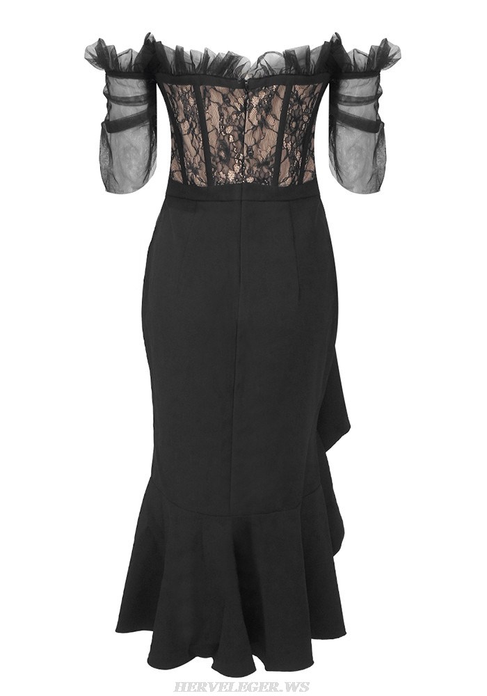 Herve Leger Black Off Shoulder Lace Bustier Midi Dress