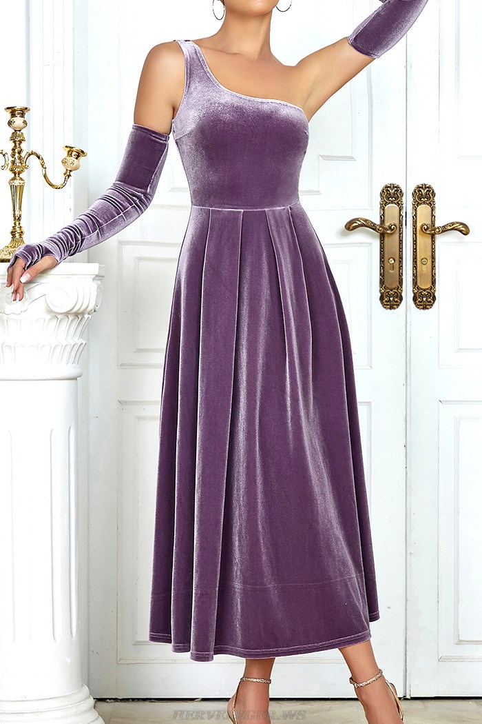 Herve Leger Purple One Shoulder A Line Midi Velvet Dress