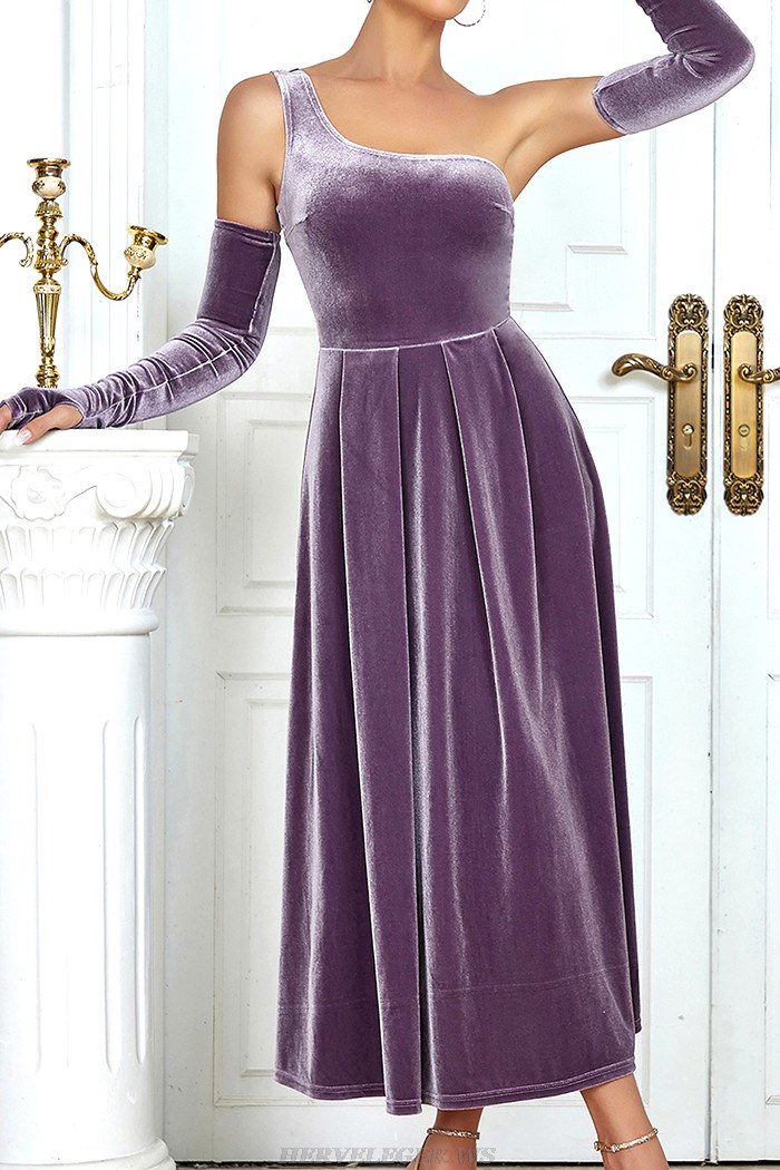 Herve Leger Purple One Shoulder A Line Midi Velvet Dress