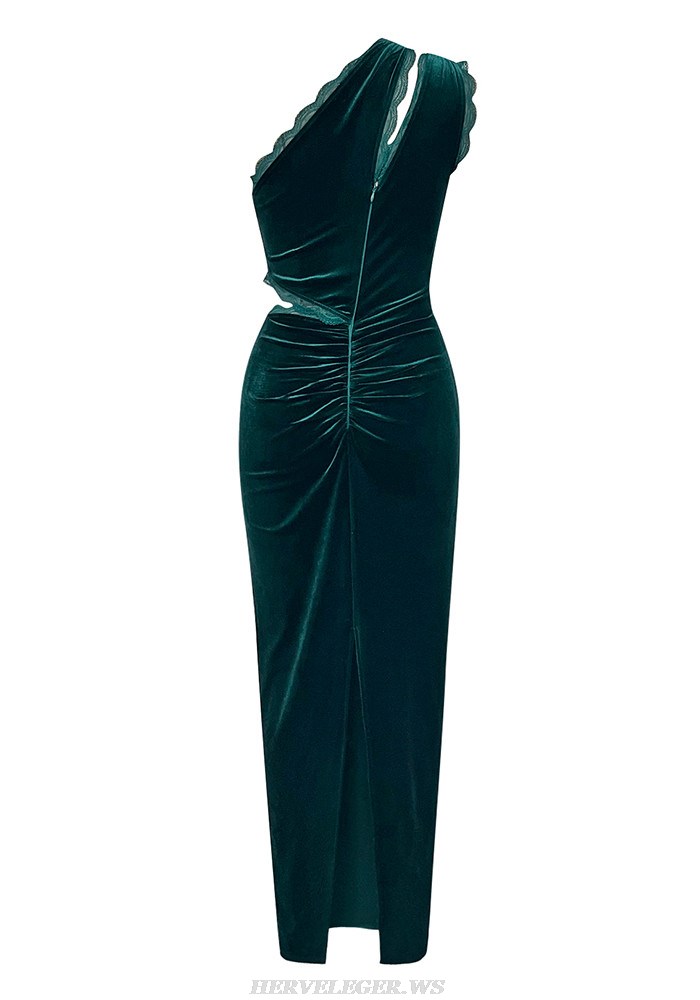 Herve Leger Green One Shoulder Lace Ruched Velvet Gown