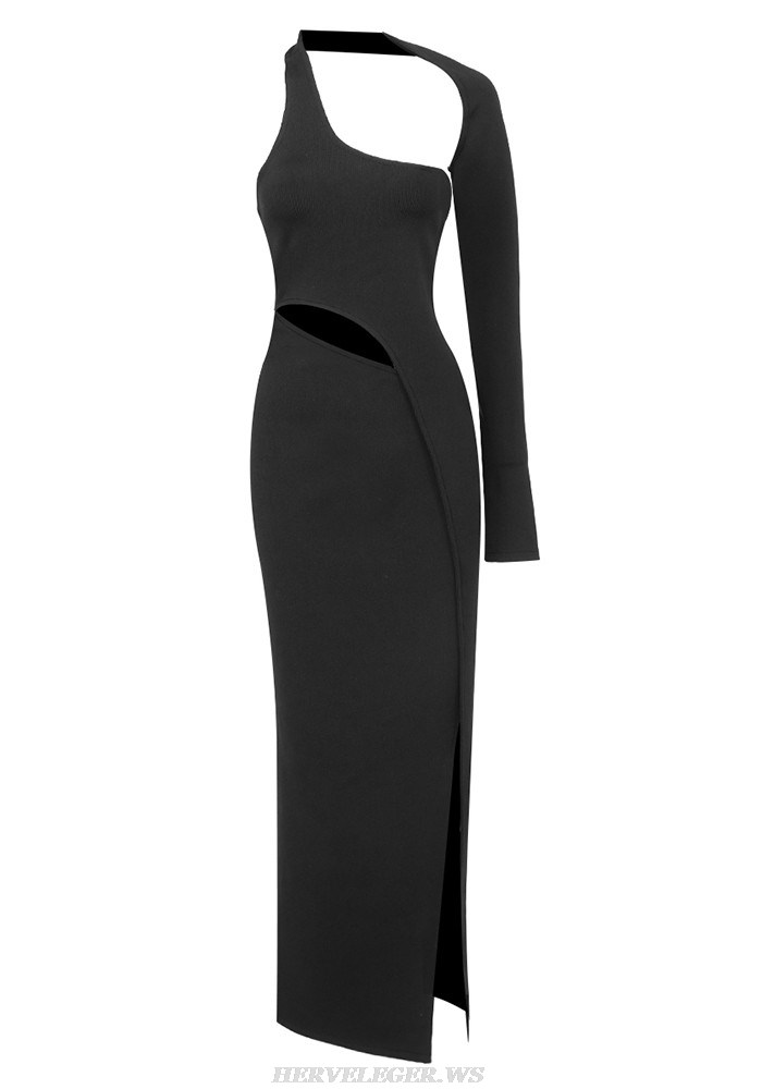 Herve Leger Black One Sleeve Asymmetric Gown