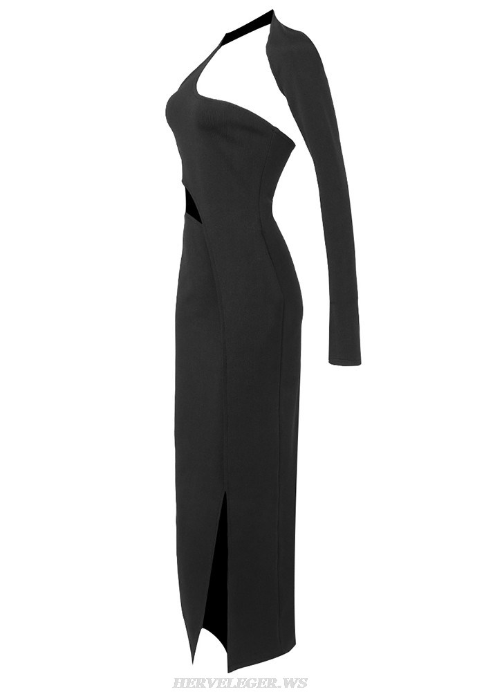 Herve Leger Black One Sleeve Asymmetric Gown