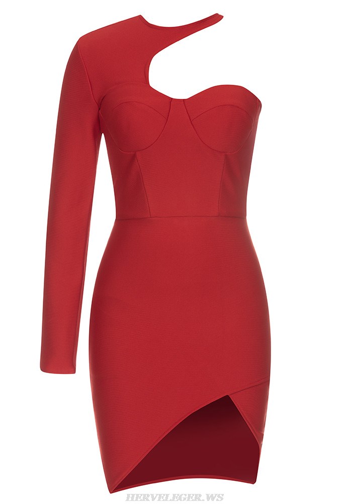 Herve Leger Red One Sleeve Bustier Dress