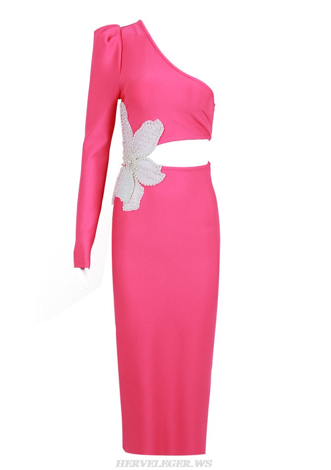 Herve Leger Hot Pink One Sleeve Pearl Flower Midi Dress