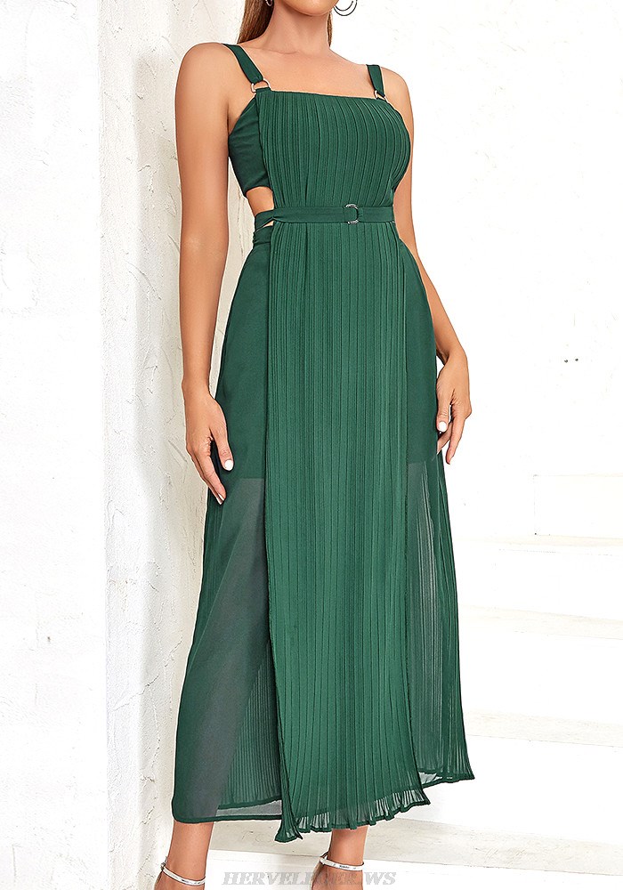 Herve Leger Green Pleated A Line Belt Midi Dress