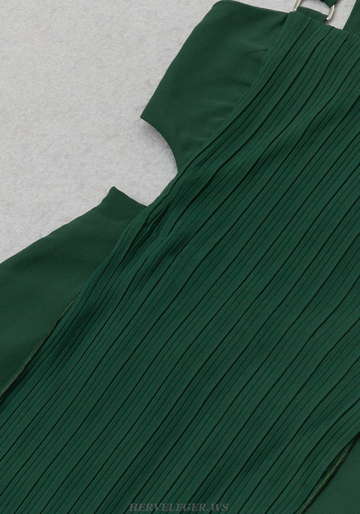 Herve Leger Green Pleated A Line Belt Midi Dress