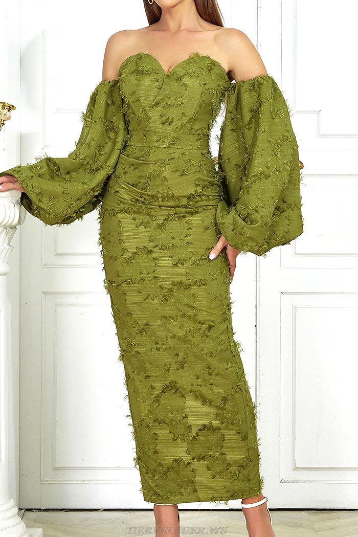 Herve Leger Green Puff Sleeve Off Shoulder Gown