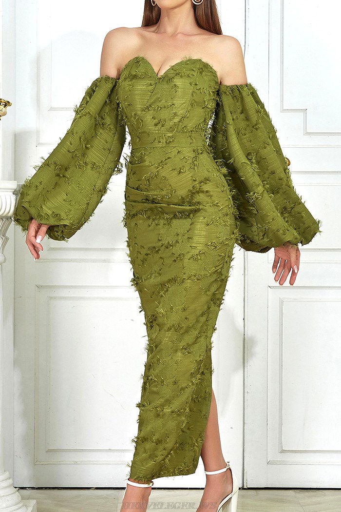 Herve Leger Green Puff Sleeve Off Shoulder Gown