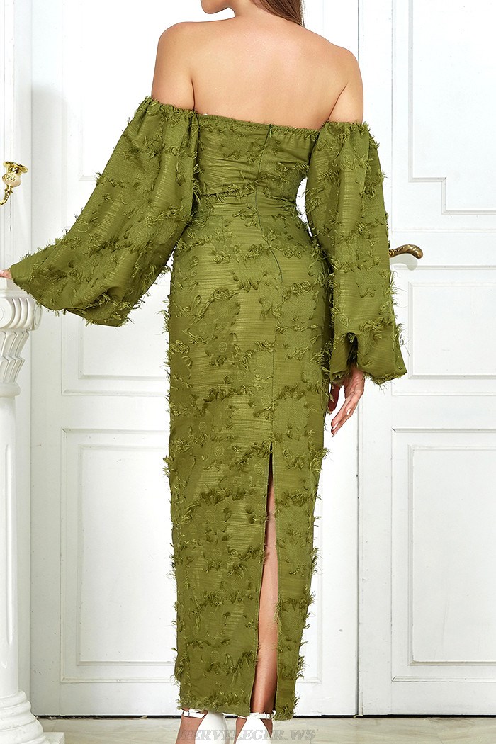 Herve Leger Green Puff Sleeve Off Shoulder Gown