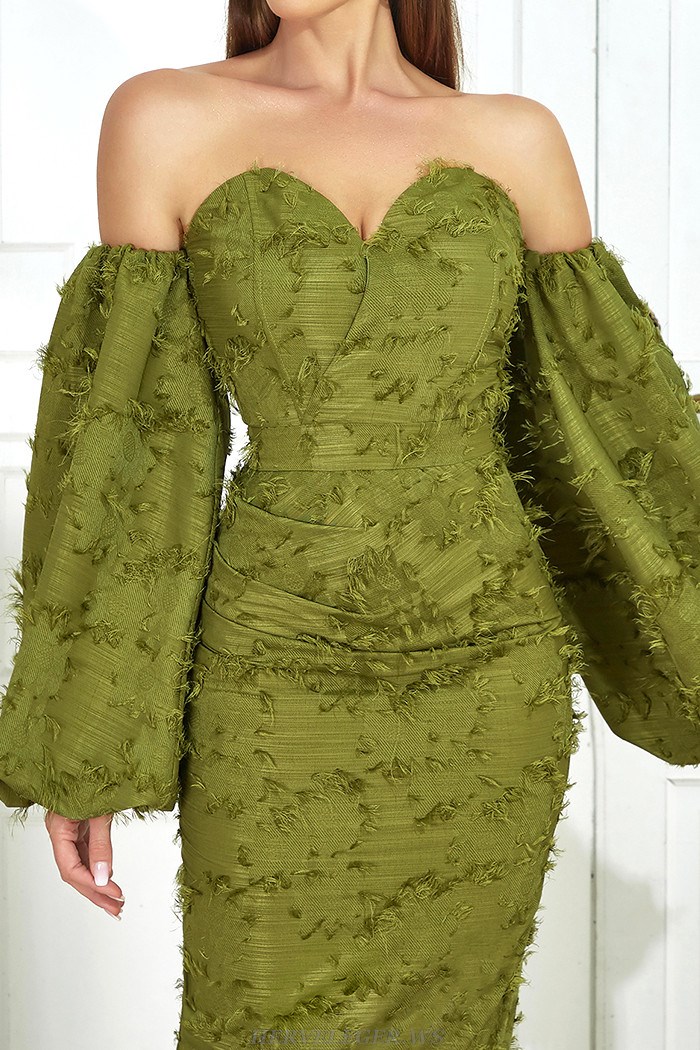 Herve Leger Green Puff Sleeve Off Shoulder Gown