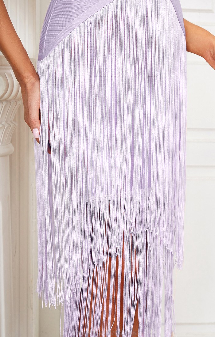 Herve Leger Lavender Short Sleeve Tassel Midi Dress