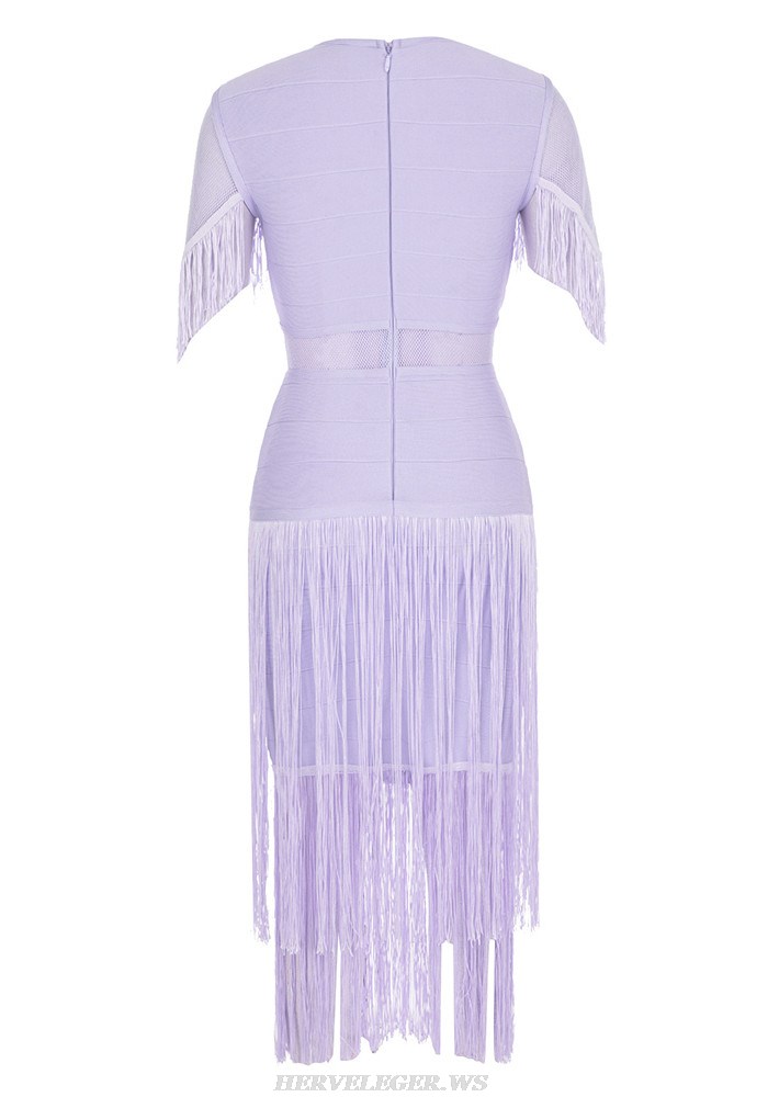 Herve Leger Lavender Short Sleeve Tassel Midi Dress