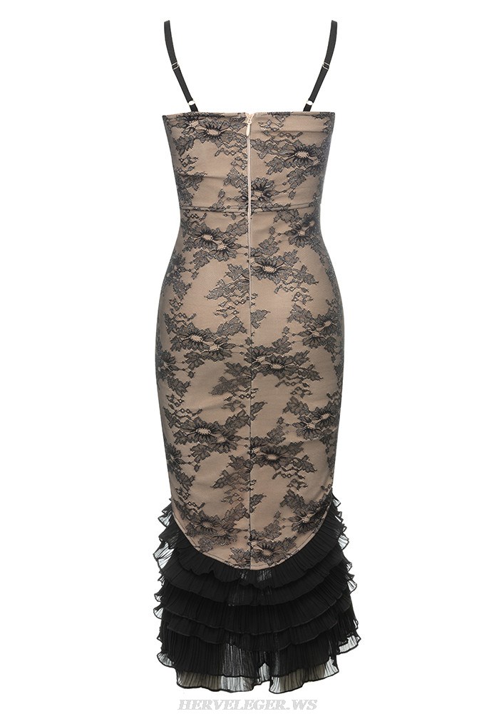 Herve Leger Black Sparkly Lace Ruffle Midi Dress